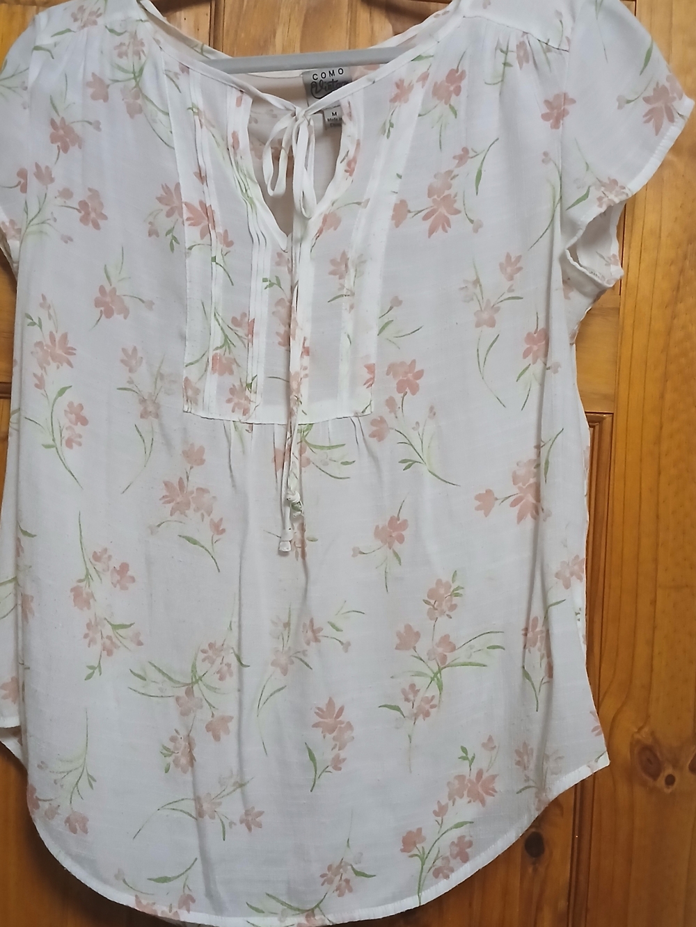 Como Vintage White Floral Tie-Neck Blouse with Pink and Green Print